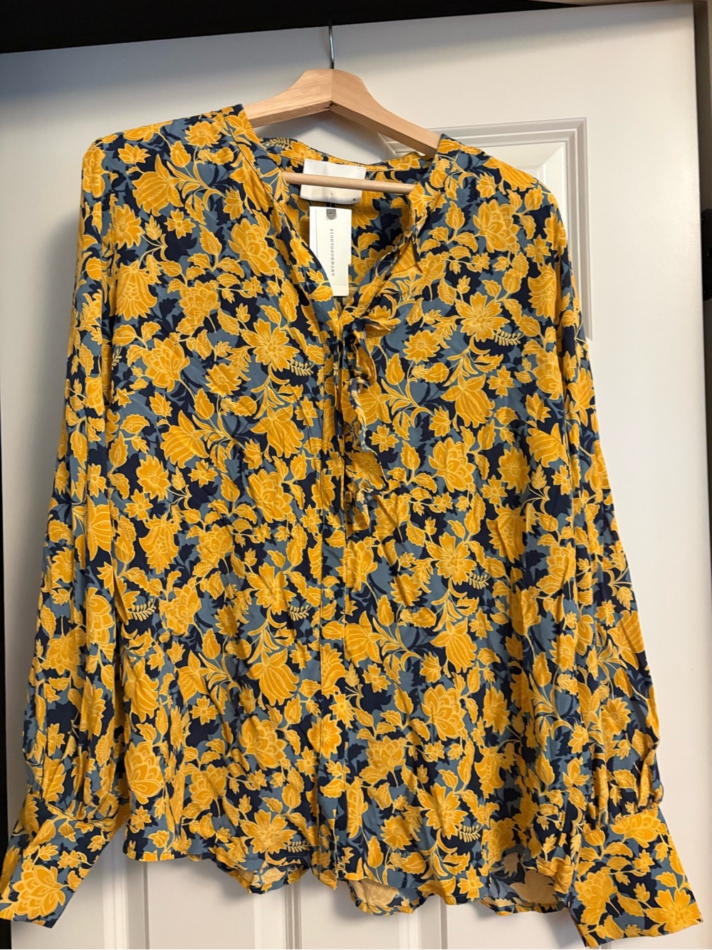 Anthropologie Navy and Mustard Floral Tie-Neck Blouse
